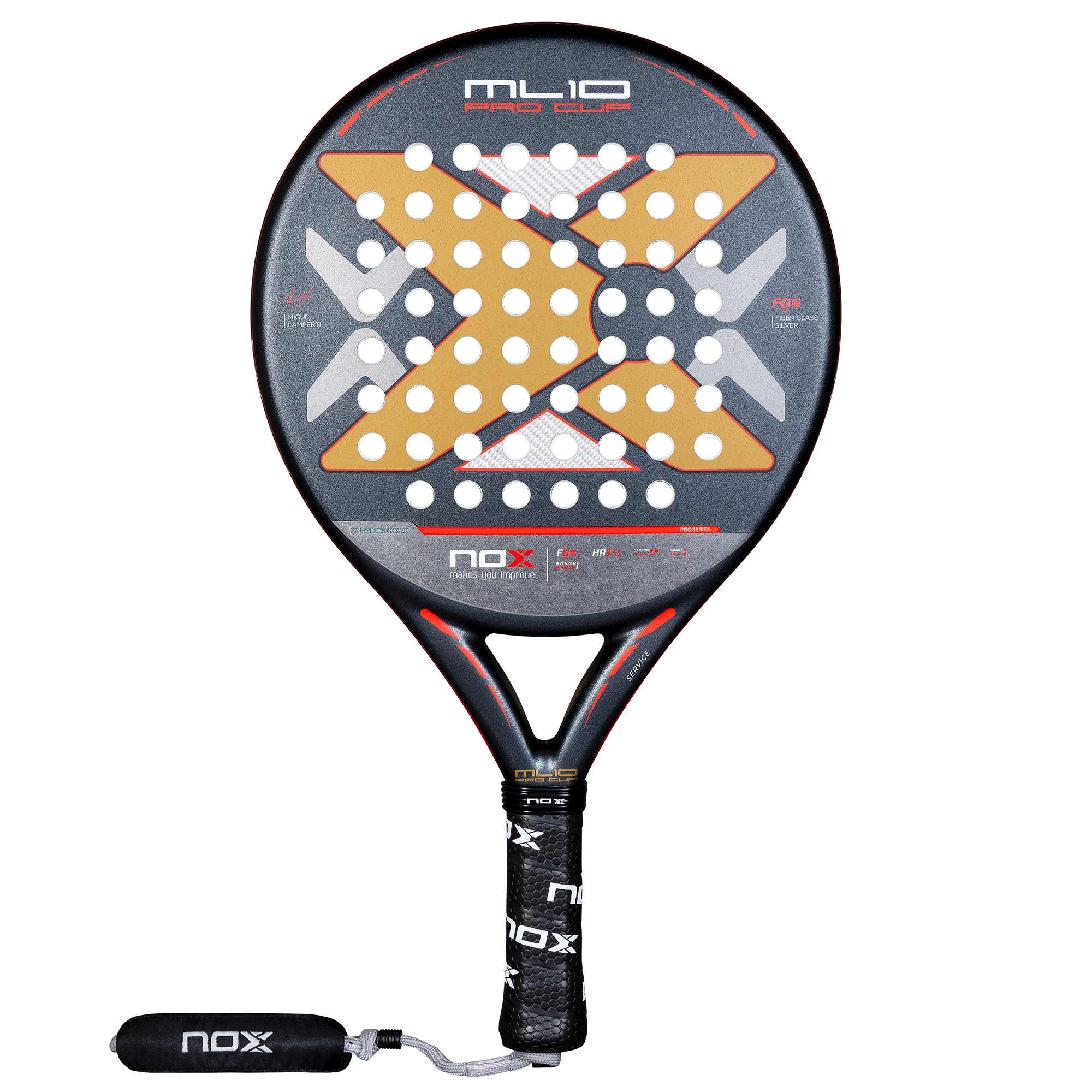 NOX ML10 Pro Cup Rough Surface Edition 2025 padelio raketė – priekinis vaizdas, smėlio tekstūros paviršius geresniam sukimo efektui